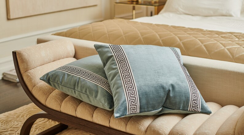 Blue Velvet Greek-Key Pillow Cover 22″ Square – Designer New-Traditional Cushion, Luxury Greek Key Trim image 4