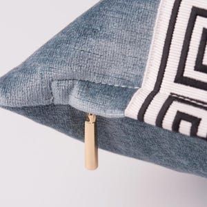 Blue Velvet Greek-Key Pillow Cover 22″ Square – Designer New-Traditional Cushion, Luxury Greek Key Trim image 3