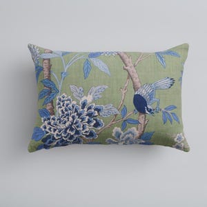 Chinoiserie Lumbar Pillow Cover: Hydrangea Bird Emerald & Blue Belgian Linen