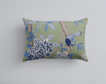 Hydrangea Bird Emerald & Blue Lumbar Pillow Cover 14 × 20 – GP and J Baker Chinoiserie Decorative Cushion