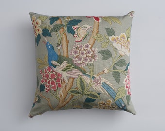 Hydrangea Bird Aqua & Rose Pillow Cover 22″ Square – GP and J Baker Chinoiserie Linen Cushion, Designer Floral