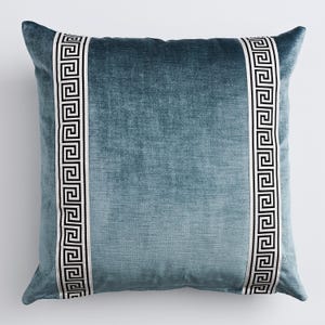 Blue Velvet Greek-Key Pillow Cover 22″ Square – Designer New-Traditional Cushion, Luxury Greek Key Trim image 1