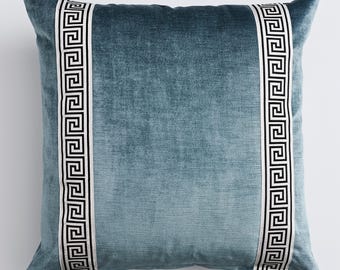Blue Velvet Greek-Key Pillow Cover 22″ Square – Designer New-Traditional Cushion, Luxury Greek Key Trim