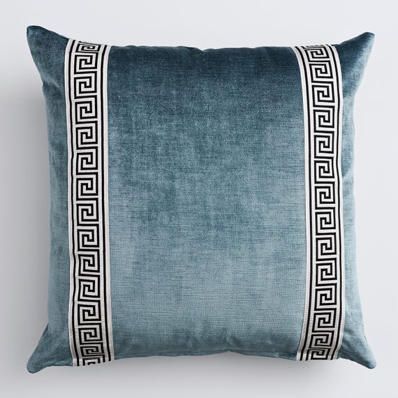 Blue Velvet Greek-Key Pillow Cover 22″ Square – Designer New-Traditional Cushion, Luxury Greek Key Trim