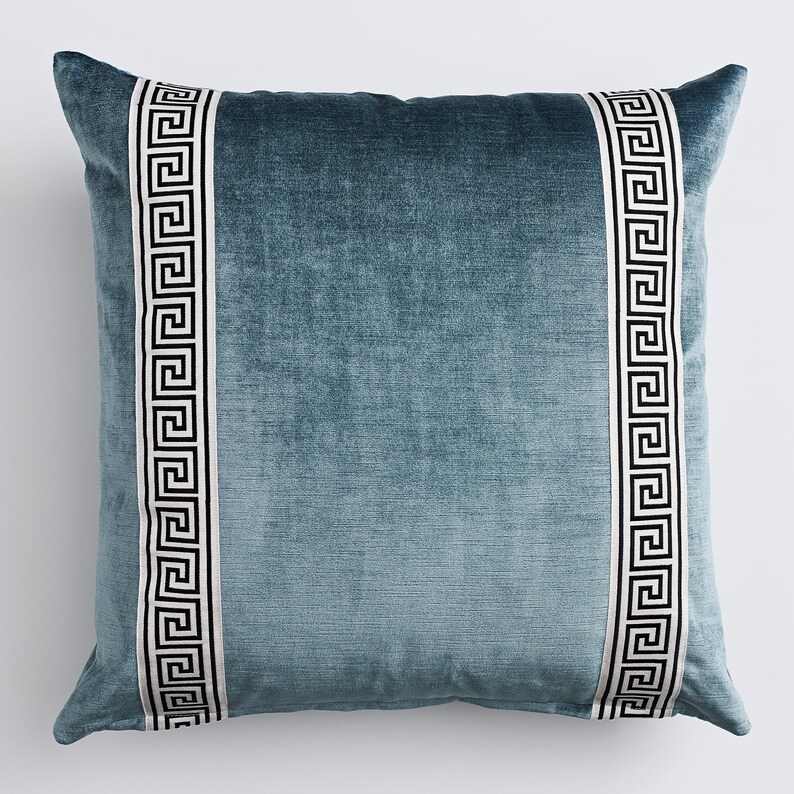 Blue Velvet Greek-Key Pillow Cover 22″ Square – Designer New-Traditional Cushion, Luxury Greek Key Trim image 1