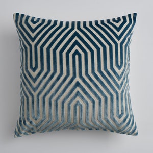 Vanderbilt Velvet Chevron Pillow Cover 22″ – Marine Blue Cut Velvet by Schumacher, Luxury Designer Cushion