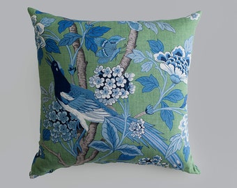 GP and J Baker Hydrangea Bird in Emerald & Blue, Chinoiserie Style Pillow Cover, 22 Inch Square