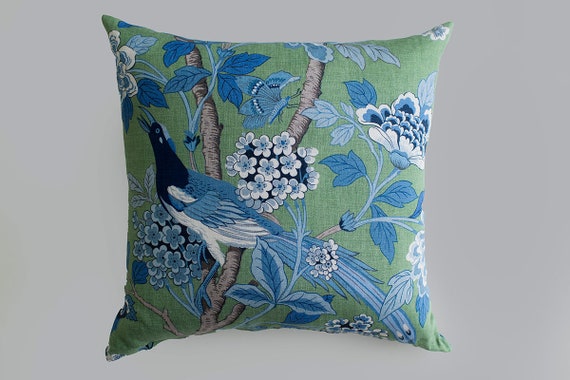 GP and J Baker Hydrangea Bird in Emerald Blue Chinoiserie Style Pillow Cover 22 Inch Square Etsy