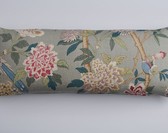 GP and J Baker Hydrangea Bird in Aqua & Rose, Chinoiserie Style Pillow Cover, 16 x 38 Large Lumbar