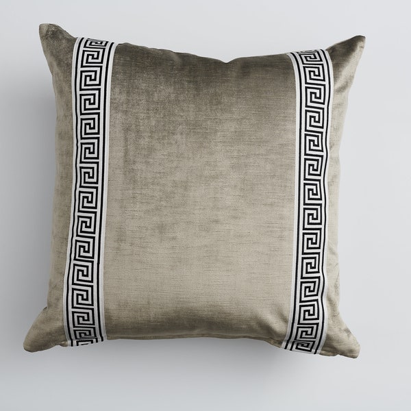 Light Grey Velvet Decorative Throw Pillow Cover with Greek Key Trim in 22 Inch Square