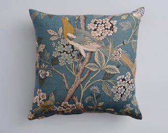 Hydrangea Bird Teal Pillow Cover 22″ Square – GP and J Baker Chinoiserie Linen Cushion, Designer Floral