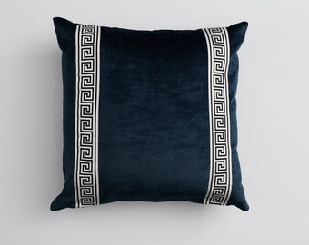 Navy Velvet Decorative Throw Pillow Cover with Greek Key Trim in 22 Inch Square