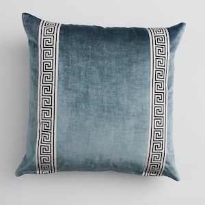 Blue Velvet Greek-Key Pillow Cover 22″ Square – Designer New-Traditional Cushion, Luxury Greek Key Trim