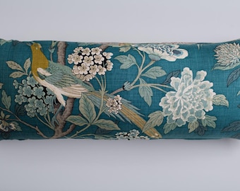 GP & J Baker Chinoiserie Lumbar Pillow Cover: Hydrangea Bird Teal Linen