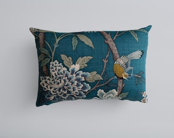 Hydrangea Bird Teal Lumbar Pillow Cover 14 × 20 – GP and J Baker Chinoiserie Decorative Cushion