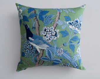 Hydrangea Bird Emerald & Blue Pillow Cover 22″ Square – GP and J Baker Chinoiserie Linen Cushion, Designer Floral