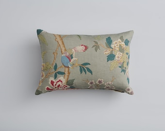 Chinoiserie Lumbar Pillow Cover: Hydrangea Bird Linen Cushion, GP & J Baker