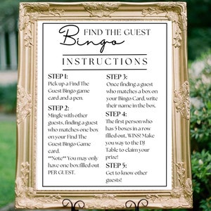 Find the Guest Bingo Instructions | Wedding Reception Game | Bridal Shower Game | Wedding Bingo | Wedding Guest Game | Cocktail Hour Wedding