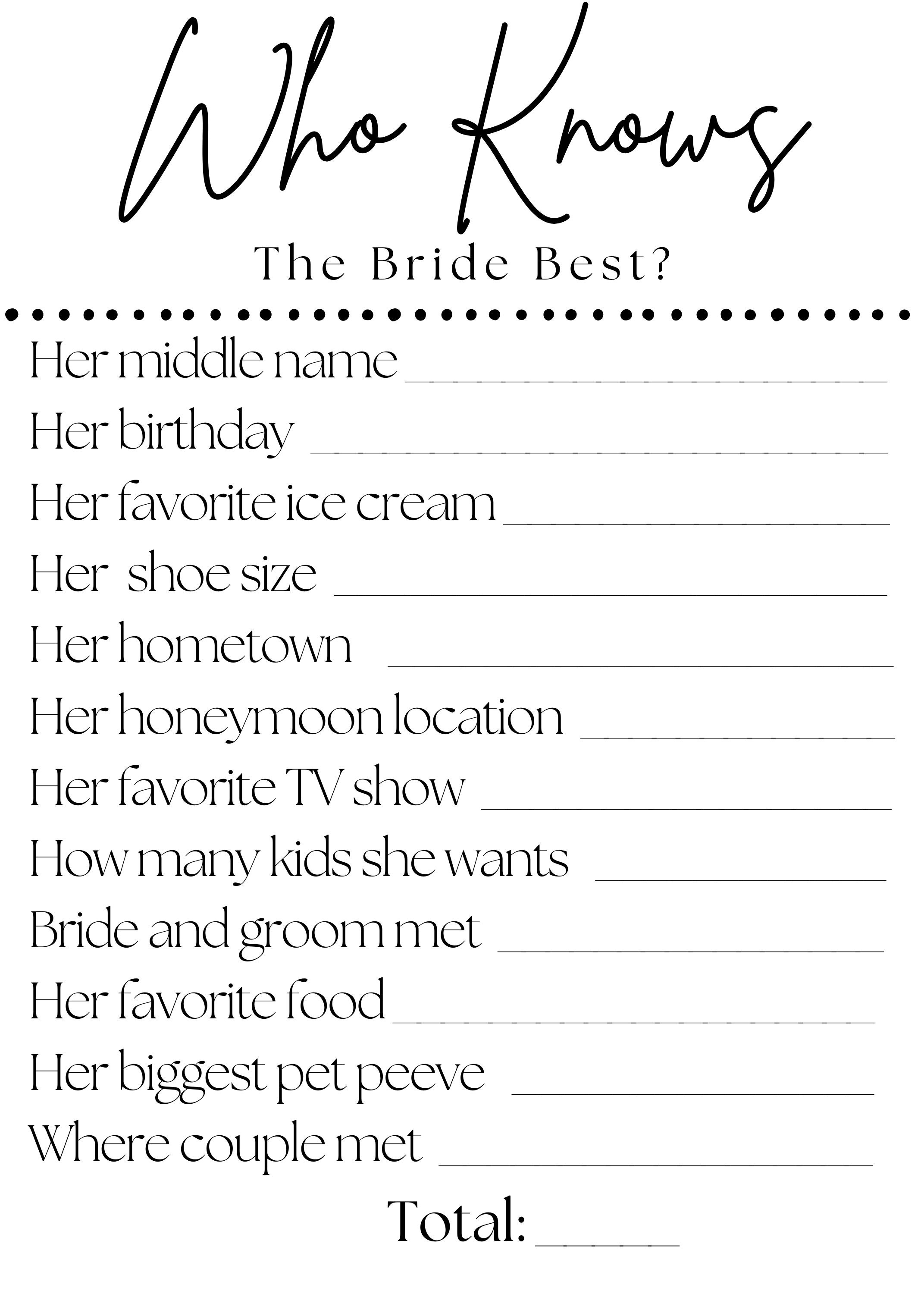 Who Knows the Bride Best Wedding Trivia Game Bridal Etsy