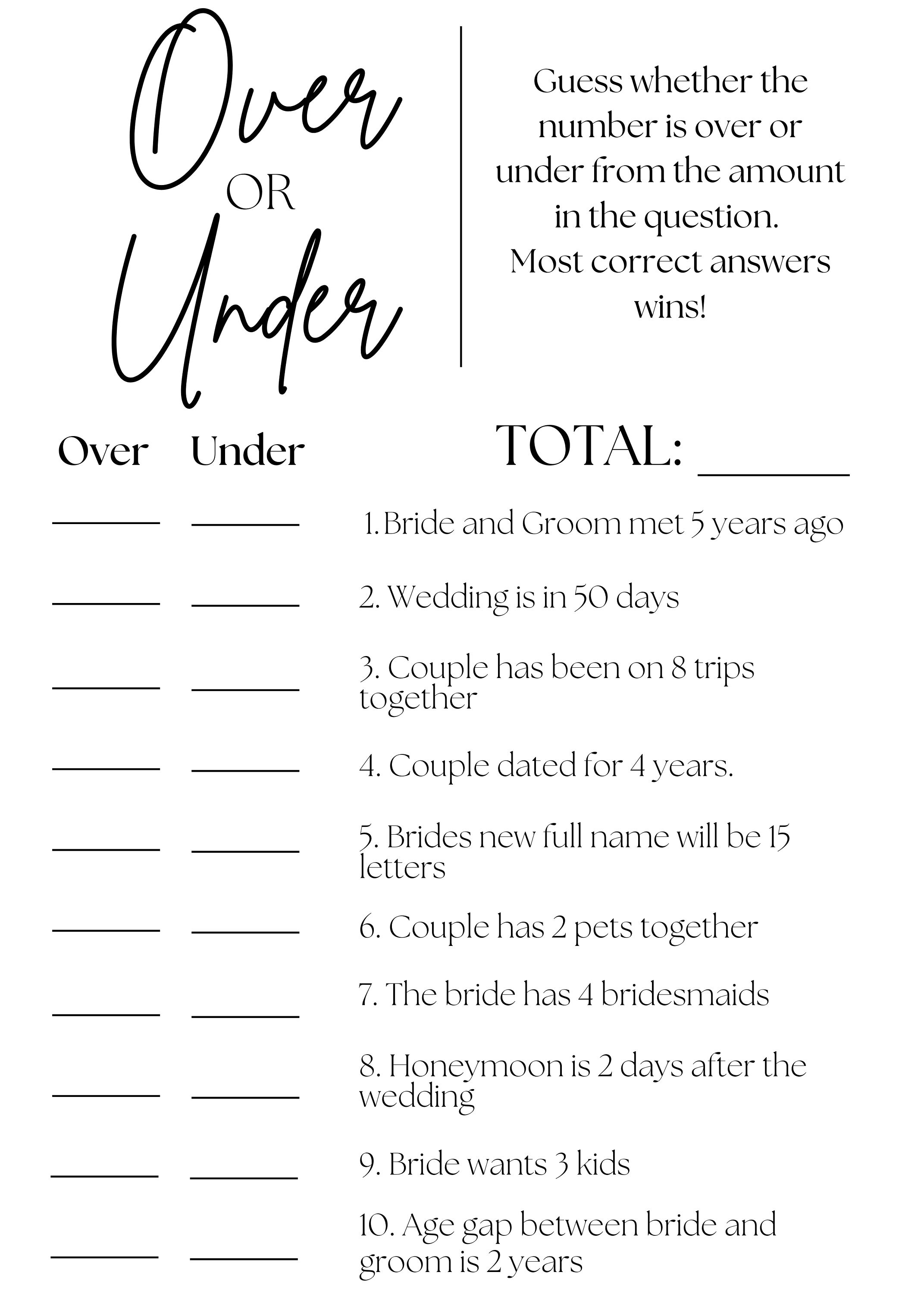 Wedding Over or Under Game Wedding Game wedding Reception Party Games