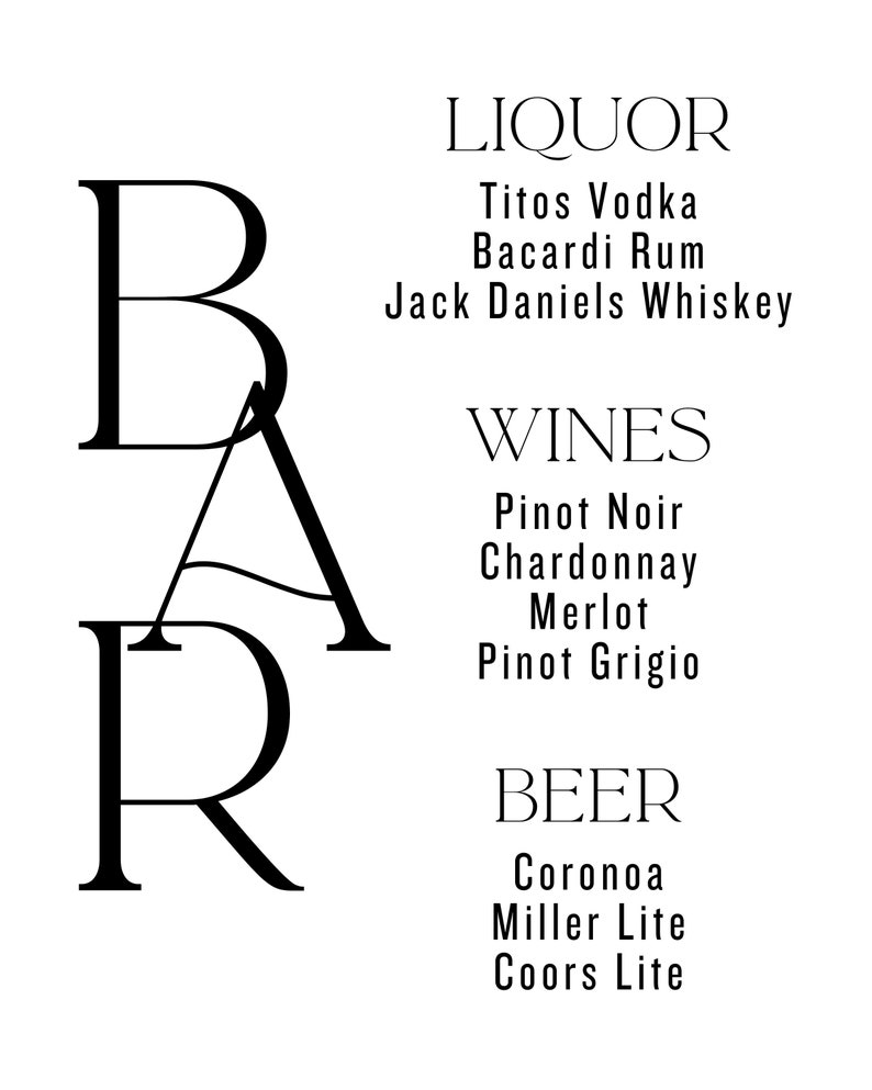 Elegant Wedding Bar Sign Template | Customizable Black & White (8x10 ...
