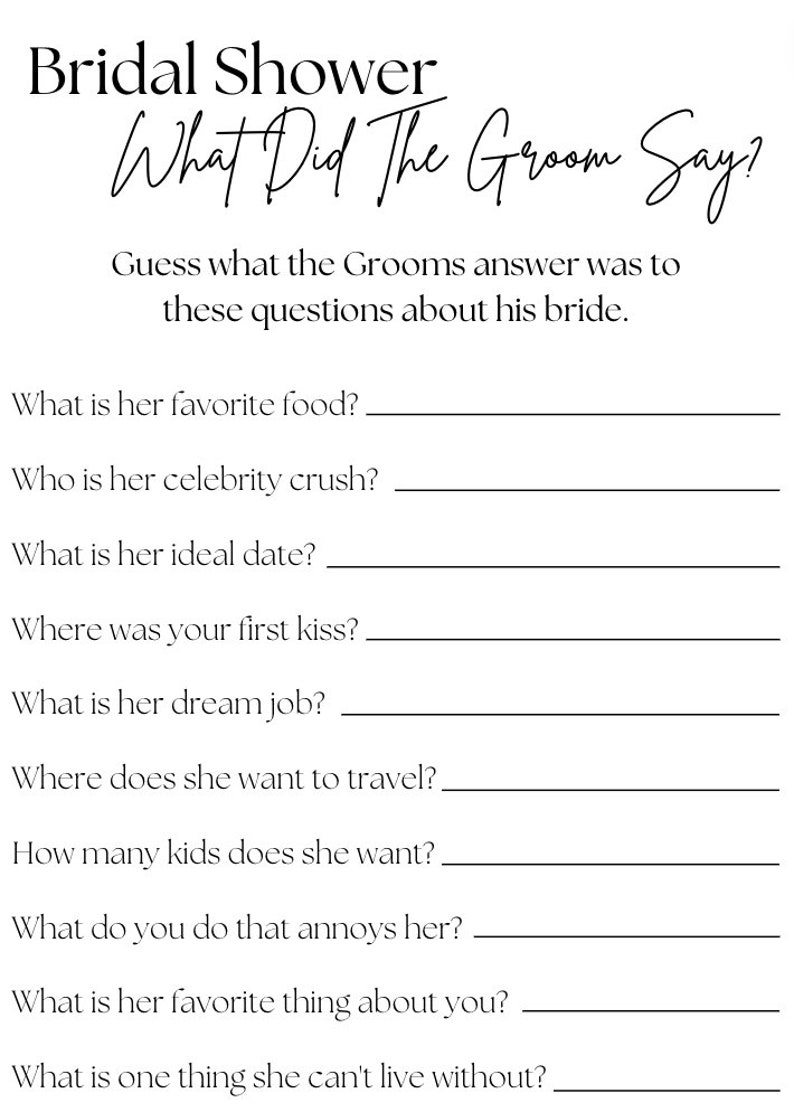 What Did the Groom Say Bridal Shower Game Customized Wedding Game