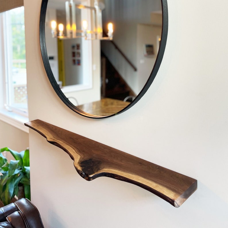 Live Edge Shelf, Mantel Slimline, Black Walnut, Black steel brackets included, Walnut Wood image 1