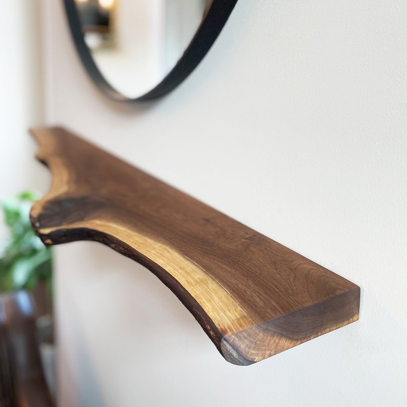 Live Edge Shelf, Mantel Slimline, Black Walnut, Black steel brackets included, Walnut Wood image 3