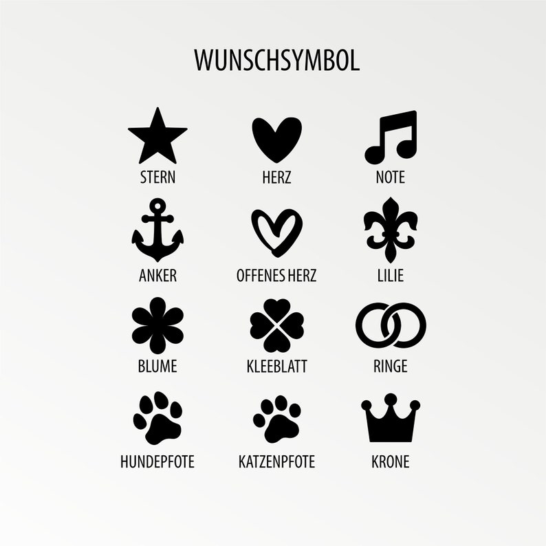 May include: A chart of 12 black and white symbols with German names below each symbol. The symbols include a star, heart, musical note, anchor, open heart, fleur-de-lis, four-leaf clover, flower, ring, paw print, paw print, and crown.