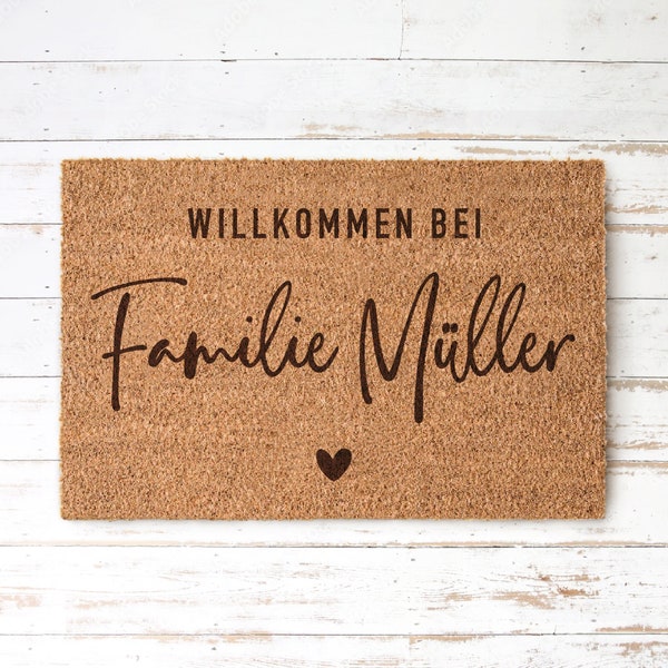 WILLKOMMEN - Personalisierte Kokos Fußmatte mit Familienname und Herz | Indoor Türmatte | Geschenk Einzug Hochzeit