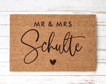 MR & MRS Personalized Coconut Doormat with Family Name and Heart | Indoor Doormat | Housewarming Gift for Wedding