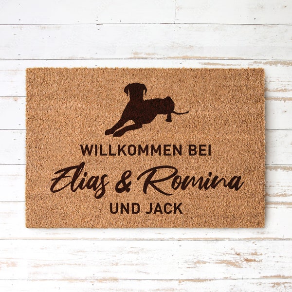 HUNDEMOTIV Personalisierte Kokos Fußmatte Willkommen mit Hunderasse Silhouette Icon Hund und Namen | Indoor Türmatte | Geschenk Einzug