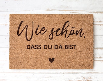 WIE SCHÖN, dass du da bist Kokos Fußmatte mit Herz, personalisierbar | Indoor Türmatte | Spruch Handschrift | Geschenk Einzug Einstand