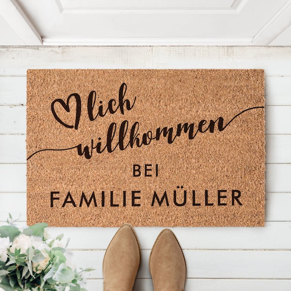 HERZLICH WILLKOMMEN Personalisierte Kokos Fußmatte mit Herz und Name | Familienname | Indoor Türmatte | Fußabstreifer | Fußabtreter