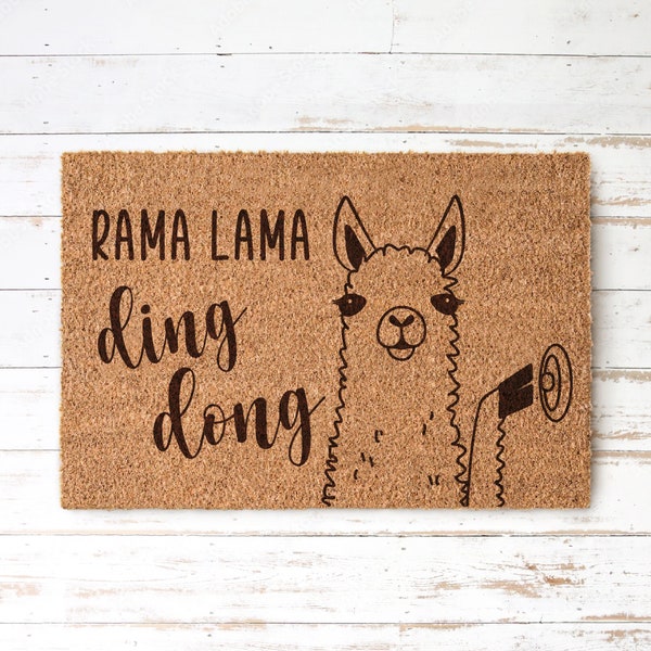 DINGDONG Kokos Fußmatte mit Spruch und Lama, personalisierbar | Indoor Türmatte | Geschenk Einzug