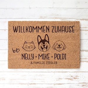 WILLKOMMEN ZUHAUSE Hund Katze Personalisierte Kokos Fußmatte Haustier Motiv Comic Symbol Cartoon + Namen | Indoor Türmatte | Geschenk Einzug