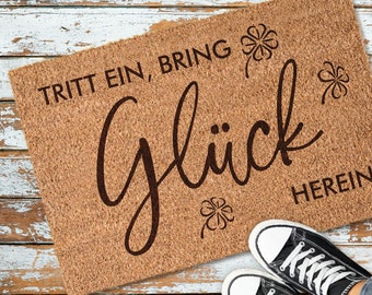 GLÜCK – Tritt ein, bring Glück herein Personalisierte Kokos Fußmatte mit Spruch, Klee und Namen | Indoor Türmatte Fußabtreter Fußabstreifer