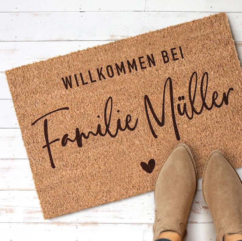 WILLKOMMEN Personalisierte Kokos Fußmatte mit Familienname und Herz Indoor Türmatte Geschenk Einzug Hochzeit Bild 2