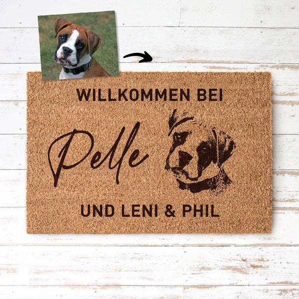 DEIN HUND Personalisierte Kokos Fußmatte mit deinem Hund | dein Hundefoto, Spruch mit Herz und Namen | Indoor Türmatte