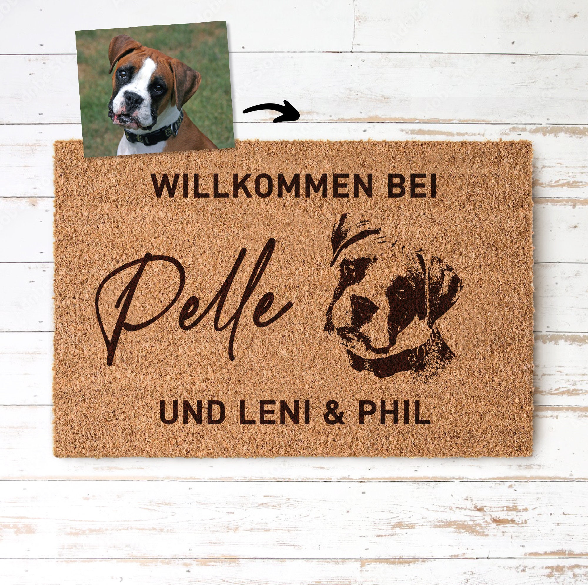 Personalisierte Fußmatte, Fussmatte für Paare / Singles mit Hund bedruckt  & Namen - Einzugsgeschenk, Geschenk beste Freundin, Zuhause mit Hund, Online Shop