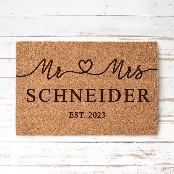 MR & MRS Personalisierte Kokos Fußmatte mit Name und Jahreszahl | Indoor Türmatte | Geschenk Einzug Hochzeit