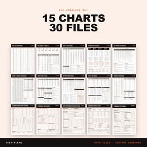 Peut inclure: Un ensemble de 15 tableaux de référence technique présentés en 30 fichiers, avec du texte noir sur fond blanc. Les tableaux incluent des données sur les tailles de forets, le couple de serrage, le poids des tôles, le soudage et la tuyauterie.