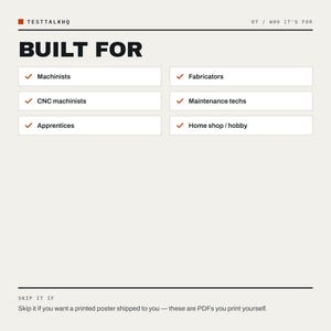 Pu&ograve; includere: Un grafico informativo bianco intitolato BUILT FOR con un elenco di destinatari tra cui Machinists, Fabricators, CNC machinists, Maintenance techs, Apprentices e Home shop / hobby. Il testo in basso recita SKIP IT IF per un poster stampato.