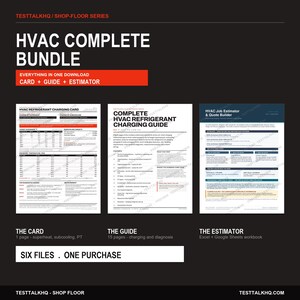 May include: An HVAC complete bundle digital download featuring a refrigerant charging card, a 15-page charging guide, and an Excel and Google Sheets job estimator and quote builder. The documents contain technical data, tables, and instructions.