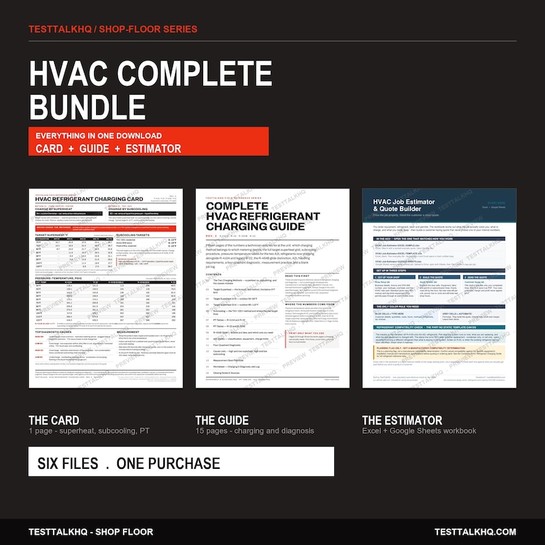 May include: An HVAC complete bundle digital download featuring a refrigerant charging card, a 15-page charging guide, and an Excel and Google Sheets job estimator and quote builder. The documents contain technical data, tables, and instructions.