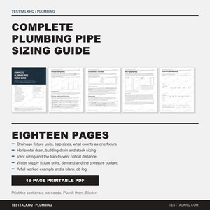 May include: An 18-page printable PDF guide titled Complete Plumbing Pipe Sizing Guide. The document includes five pages showing charts, tables, and text regarding drainage fixture units, trap sizes, vent sizing, and water supply fixture units.
