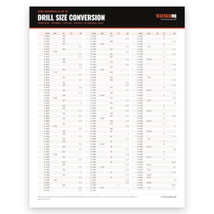 May include: A white reference chart titled DRILL SIZE CONVERSION with black and orange headers. The document lists decimal, fractional, number, letter, and metric drill bit sizes in a table format, including the text TESTTALKHQ.