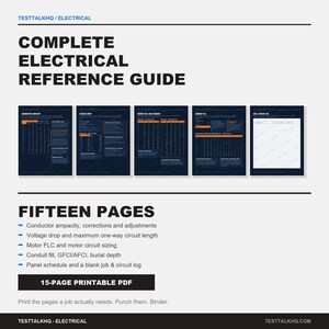 Puede incluir: Una gu&iacute;a de referencia el&eacute;ctrica de quince p&aacute;ginas en formato PDF. El documento presenta p&aacute;ginas azul oscuro con texto en blanco y naranja, incluyendo tablas para la ampacidad de conductores, ca&iacute;da de tensi&oacute;n, corriente de motor y un registro.