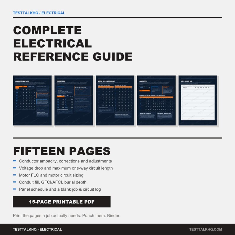Puede incluir: Una gu&iacute;a de referencia el&eacute;ctrica de quince p&aacute;ginas en formato PDF. El documento presenta p&aacute;ginas azul oscuro con texto en blanco y naranja, incluyendo tablas para la ampacidad de conductores, ca&iacute;da de tensi&oacute;n, corriente de motor y un registro.