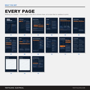 Puede incluir: Una gu&iacute;a de referencia digital con quince p&aacute;ginas de color azul oscuro con acentos de texto y tablas en naranja. El encabezado dice WHAT YOU GET, EVERY PAGE, y Nothing is a teaser - every page in the file is shown here, at a size that is useless to print.